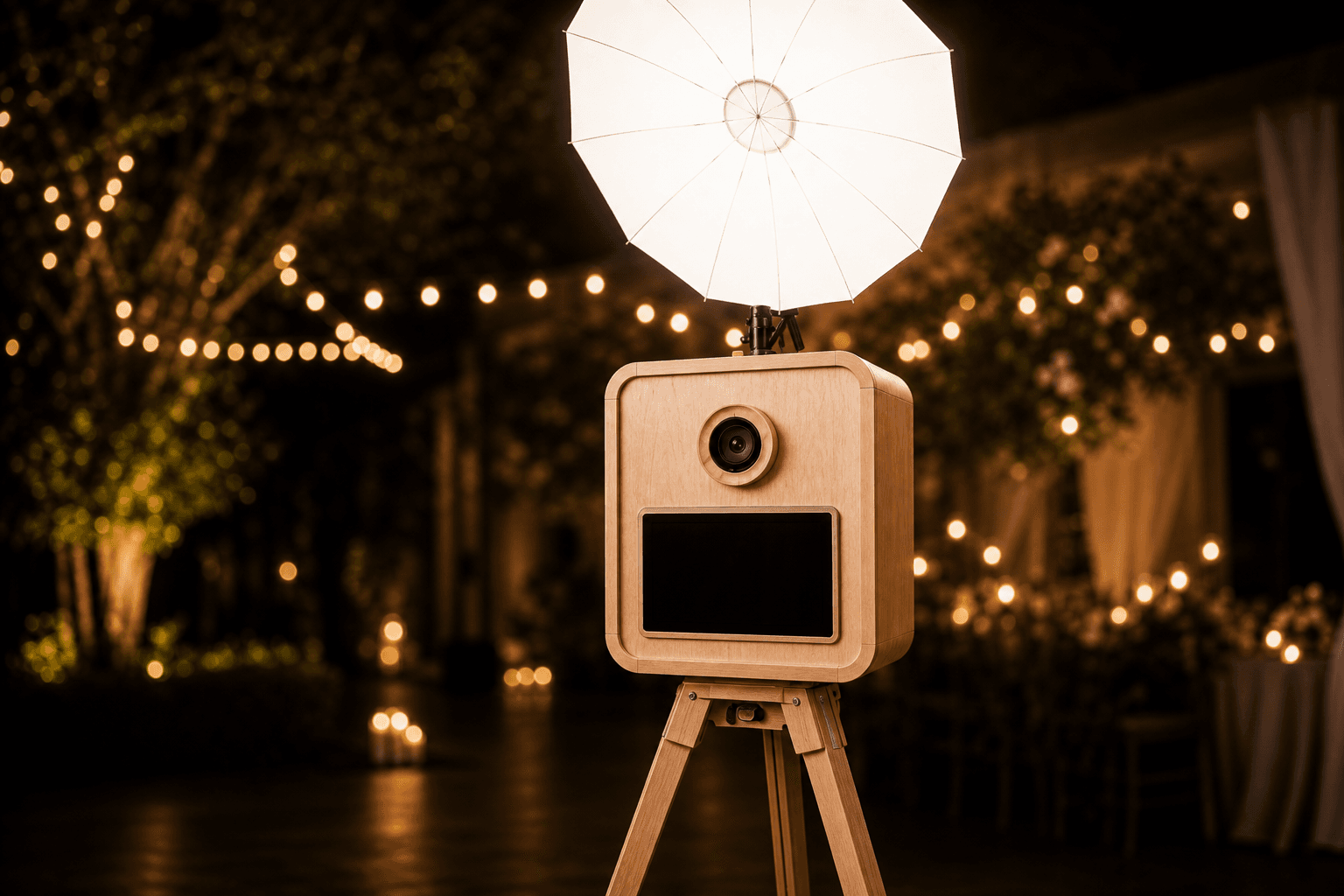 Cue the Flash open-air photo booth at an evening event with soft string lights