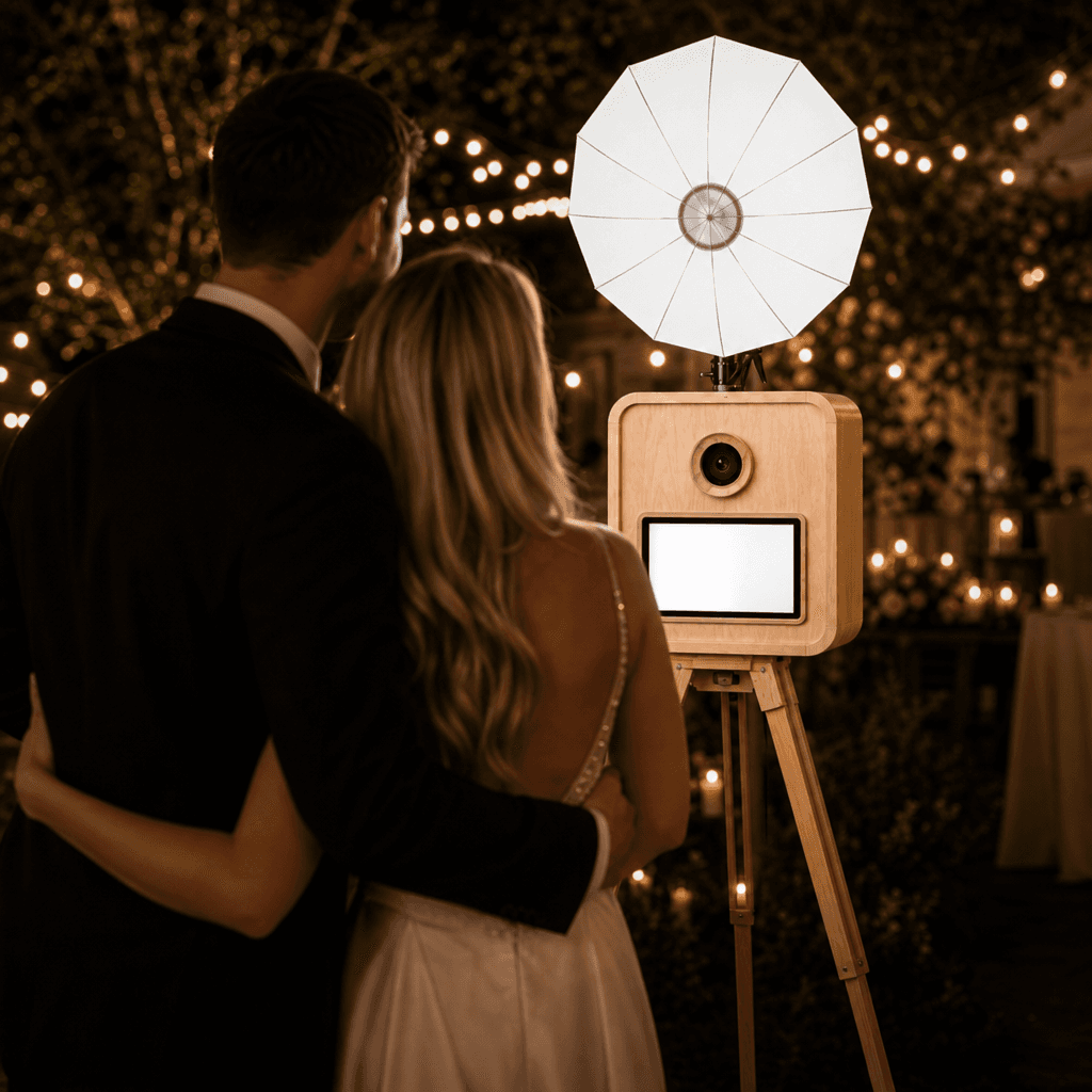 Couple posing at the Cue the Flash photo booth