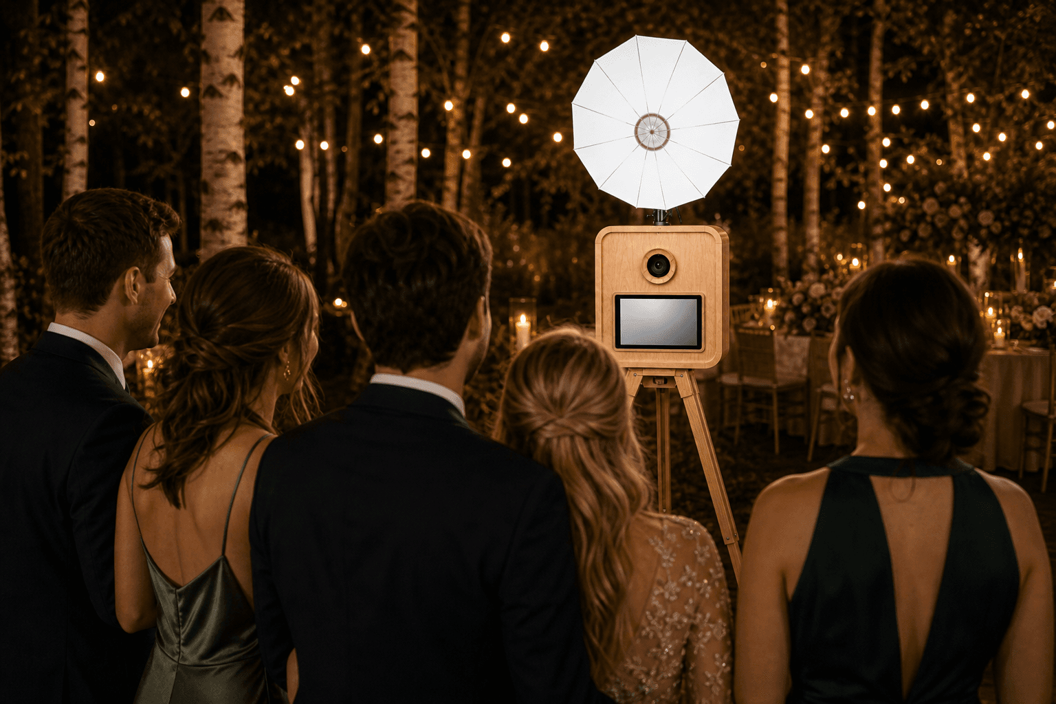 Guests using the Cue the Flash photo booth at a wedding