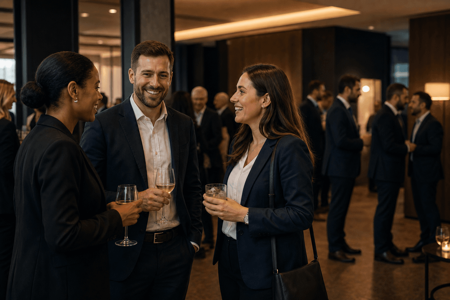 Colleagues networking at a corporate evening event