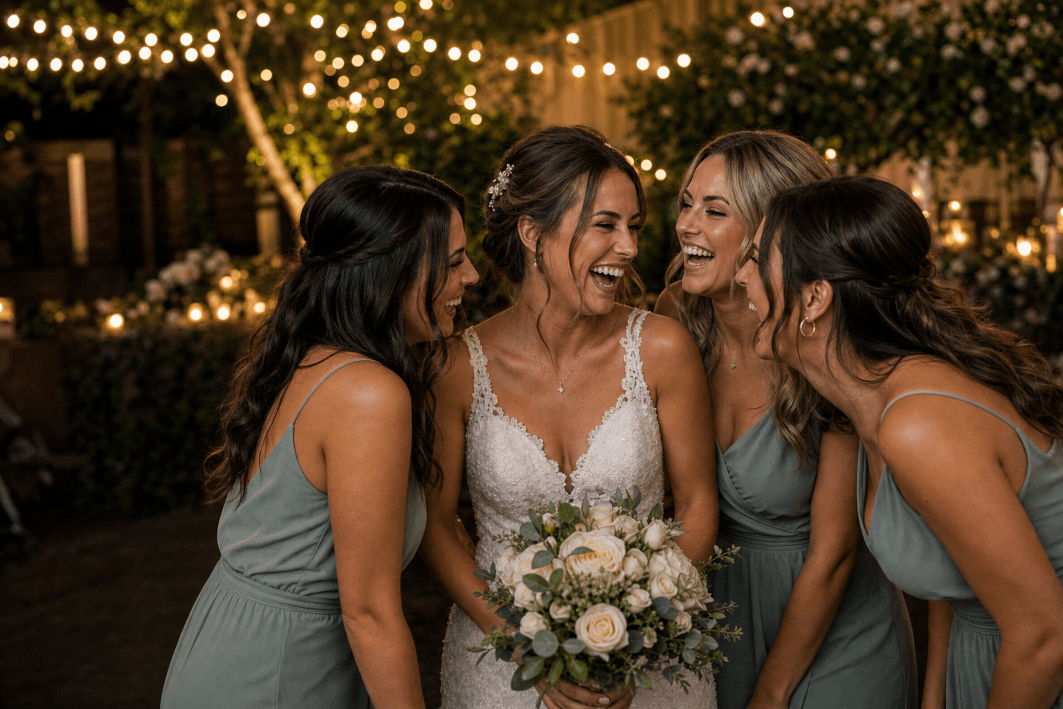 Bride and bridesmaids laughing at an evening wedding reception