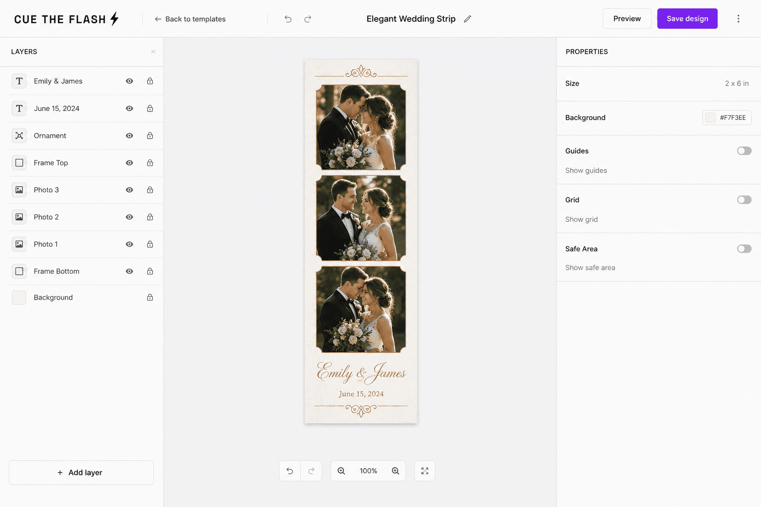 Cue the Flash print template editor — customise text, fonts, and photo placement